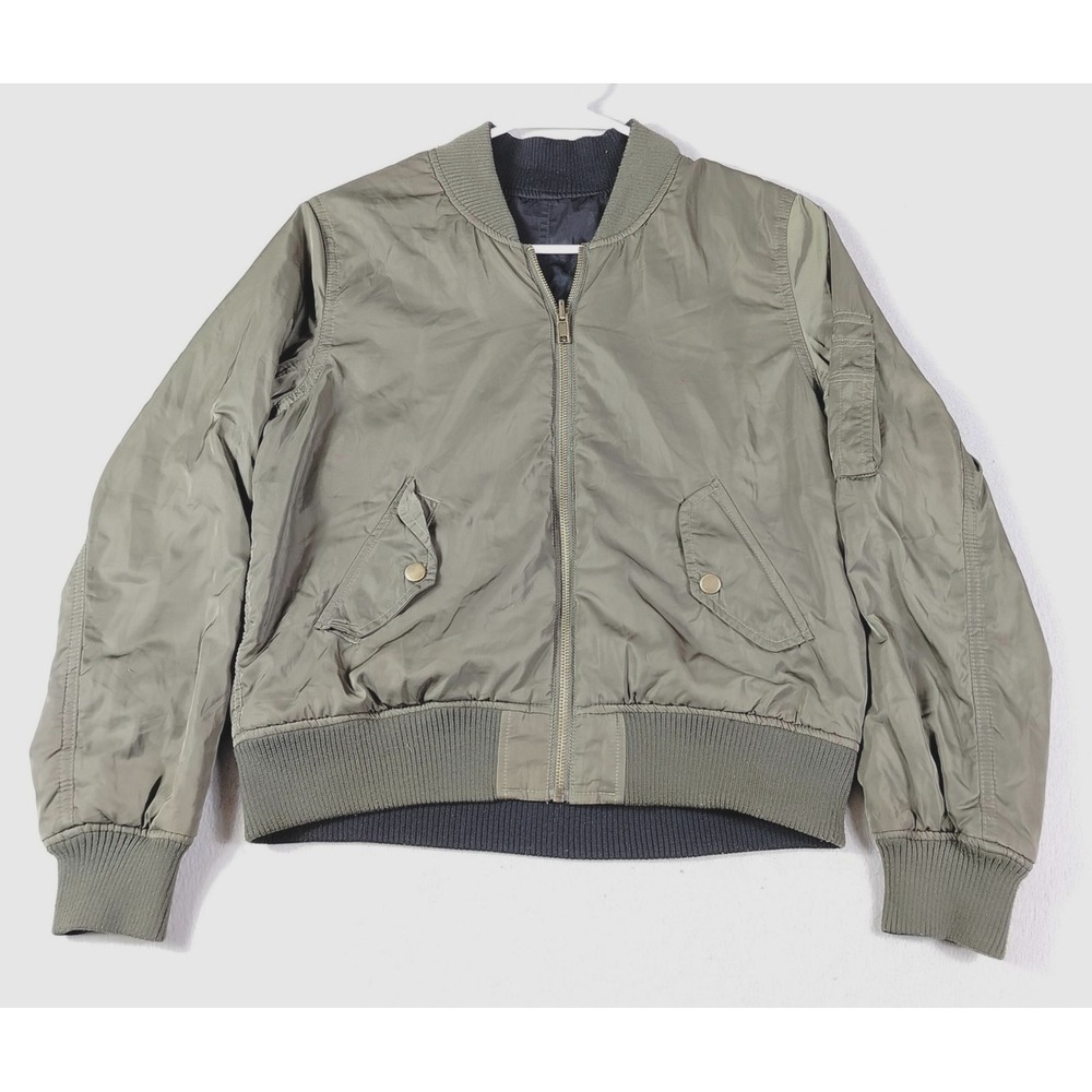 INGNI Jacket Womens Medium Green Black Reversible Bomber Padded Army Flight Zip